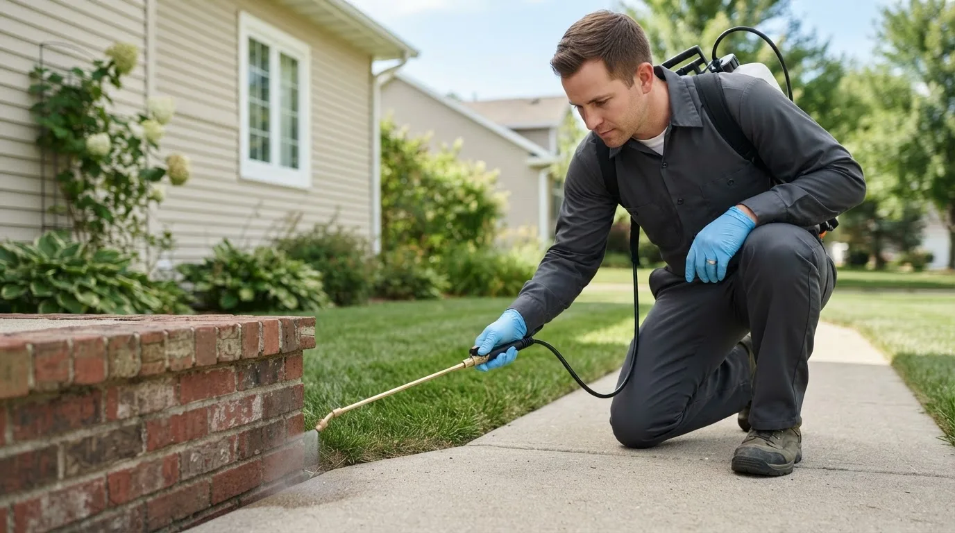 Pest control technician treating a home near Voca, TX